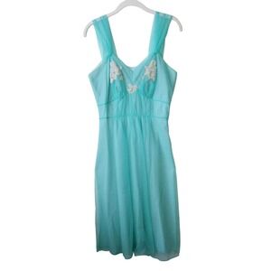 Vintage Artemis Nightgown Slip 36 Turquoise Aqua Blue White Lace Retro Pinup